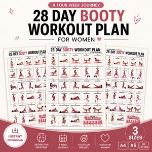 May include: A 28-day booty workout plan document featuring a four-week journey guide with exercise illustrations, text labels, and a tips section. The layout includes a grid of fitness movements, an instant download icon, and size options for A4, A5, and US Letter.