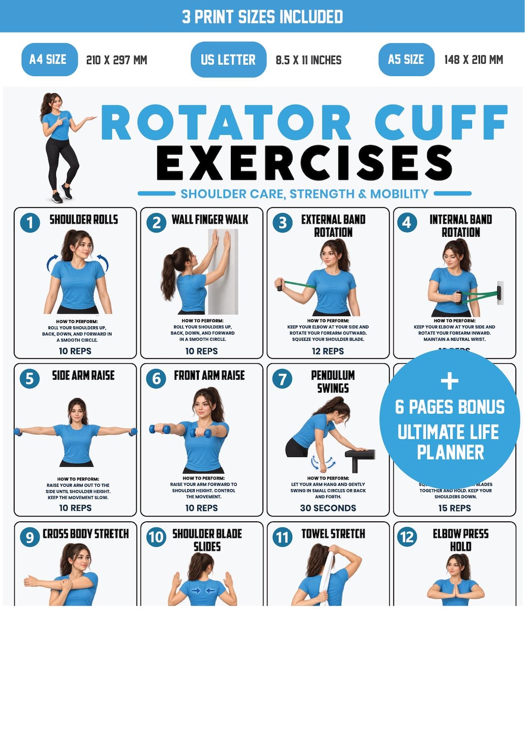 Static Stretch Routine Rotator Cuff Exercises Printable Poster, Shoulder Rehab Mobility Chart ...