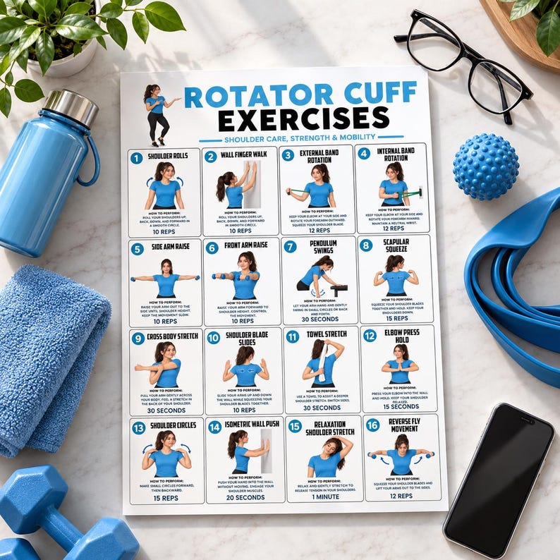 Static Stretch Routine Rotator Cuff Exercises Printable Poster, Shoulder Rehab Mobility Chart ...