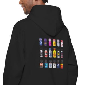 May include: Black hooded sweatshirt with a colorful graphic of various beverage containers on the back. The graphic includes a variety of colors and designs, creating a visually appealing pattern. The sweatshirt is made of a soft material and has a classic, casual style.