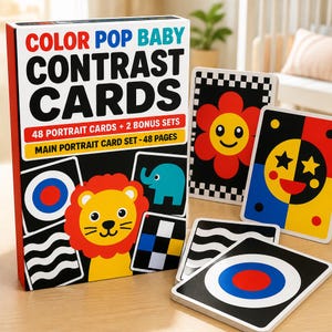 May include: A box set titled Color Pop Baby Contrast Cards containing 48 portrait cards and 2 bonus sets. The box features a lion, elephant, and geometric patterns. Several individual cards with high-contrast designs like flowers and targets are displayed.