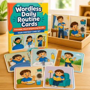 Può includere: Un set di carte Wordless Daily Routine Cards con un design colorato e il testo Wordless Daily Routine Cards Printable Visual Sequencing Bundle Main Portrait Card Set. Il set include diverse carte illustrate che mostrano bambini che svolgono attività quotidiane come mangiare, lavarsi i denti e leggere.