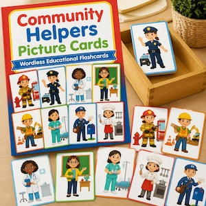 May include: A set of Community Helpers Picture Cards featuring wordless educational flashcards. The box displays illustrations of various professionals including a firefighter, police officer, doctor, teacher, construction worker, nurse, mail carrier, and chef.