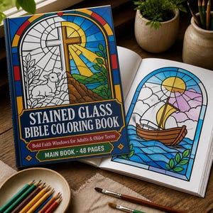 May include: A coloring book titled Stained Glass Bible Coloring Book with a cover illustration of a lamb and a cross. The open book displays a page with a colored illustration of a sailboat on water. The cover text reads Bold Faith Windows for Adults & Older Teens and Main Book - 48 Pages.