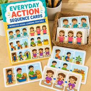 Può includere: Un set di carte di sequenza di azioni quotidiane con illustrazioni colorate di bambini che svolgono compiti giornalieri. Le carte sono disposte in una pila all'interno di un cestino intrecciato e su un grande foglio illustrativo con testo blu e rosso.