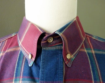 Vintage LL Bean 100% Cotton Blue & Red Plaid Tartan Trad / Ivy League Casual Work Shirt Size XXL.  Made in USA.