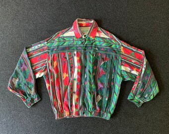 RARE Vintage 1980s Original Jams World 100% Cotton Multicolored Aztec Indian Indigenous Navajo Southwest Shirt Jacket sz M. Made in USA.