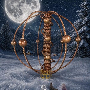 May include: A copper wire sculpture featuring a central wrapped pillar surrounded by twisted wire rings and spherical beads, resting above three small crystals. The sculpture has a gold-toned geometric base and a metallic, textured finish.