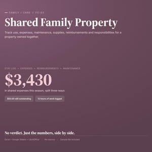 May include: A digital interface for Shared Family Property, FC-03, featuring a dark purple background with white text. It displays a $3,430 expense total, split three ways, with $50.00 outstanding and 13 hours of work logged for maintenance.