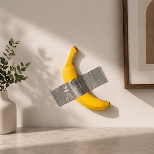 Könnte beinhalten: Eine leuchtend gelbe Banane ist mit einem breiten Streifen silbernem Klebeband auf einer flachen Oberfläche befestigt. Die Banane ist diagonal ausgerichtet, wobei der Stiel nach oben zeigt und einen Kontrast zur hellen Wand bildet.