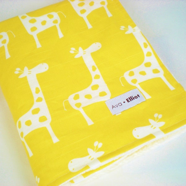 Baby Blanket, Golden Yellow Giraffe with White Minky