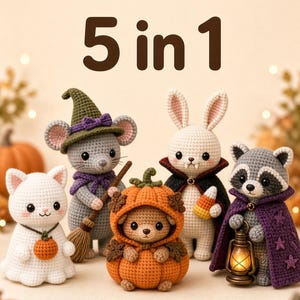 Patrón de amigurumi de Halloween a crochet, 5 en 1: lindo fantasma, gato, bruja, ratón, calabaza, oso (PDF)