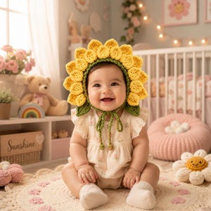 May include: A crochet baby hat shaped like a yellow sunflower with green leaves and tie strings. The hat features a textured, petal-like border surrounding the face, crafted from yellow yarn with a green base and matching green chin ties.