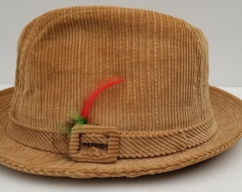 STETSON CORDUROY FEDORA - Stetson corduroy Hat - Stetson Fedora with red Feather and Buckle