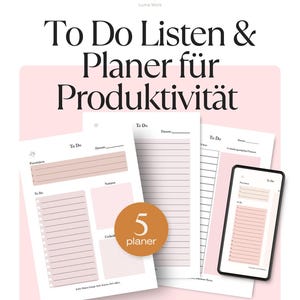 May include: A set of productivity planners featuring white paper sheets with pink accents, lined sections, and a 'To Do' header. A digital tablet displays the same layout. A circular orange badge with the text '5 planer' is centered on the sheets.
