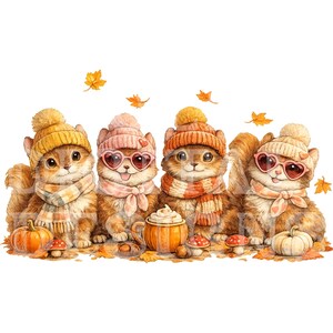 May include: A watercolor illustration of four fluffy kittens wearing knit hats and scarves. Two kittens wear heart-shaped sunglasses. They are surrounded by orange pumpkins, small red mushrooms, and falling autumn leaves, with a mug of cocoa.
