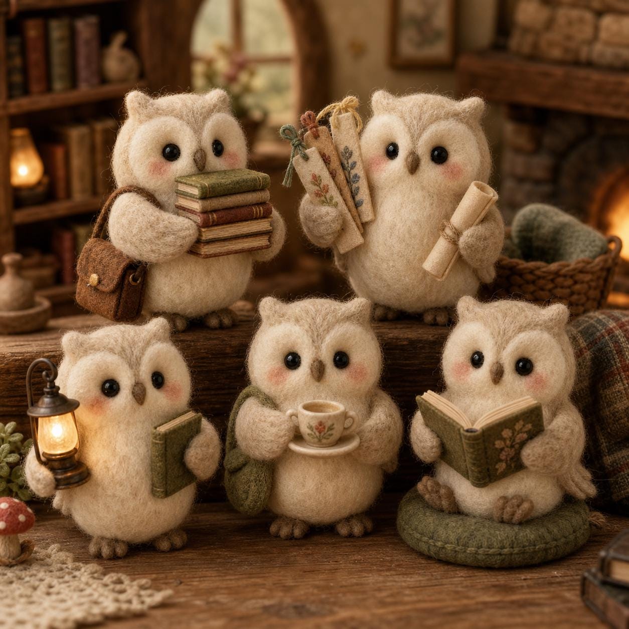 Needle Felt Owl Figurine Set, Woodland Owl Reading Nook Light Cottage Refresh, Cottagecore Keepsake