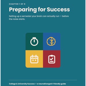 Puede incluir: Una portada de libro de ejercicios color verde azulado titulada Kind ADHD Collective Self-Paced Workbook Chapter 1 of 8 Preparing for Success. Presenta un cuadrado dividido en cuatro cuadrantes de colores con iconos blancos y amarillos.
