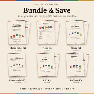 Könnte beinhalten: Ein digitales Paket aus sechs druckbaren Kartensets namens Kind ADHD Collective, bestehend aus Stress Relief, Focus, Study, Exam Anxiety, RSD und Reframe Kits. Die Sammlung umfasst insgesamt 178 Karten zum Ausdrucken zu Hause auf Englisch und Französisch.