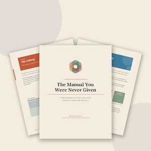 May include: A workbook titled The Manual You Were Never Given: A Complete ADHD Workbook for Adults by Kind ADHD Collective. The cover features a multi-colored circular flower graphic, with interior pages showing text and colored boxes.
