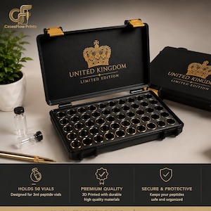 May include: A black rectangular storage case with gold latches, featuring a gold crown logo and the text UNITED KINGDOM LIMITED EDITION. The interior contains a grid for 50 vials. A second closed case is visible, also marked with the same gold crown logo.