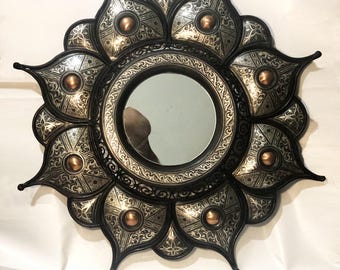 Antique Damascene Sunburst Mirror – Handmade Silver Inlay