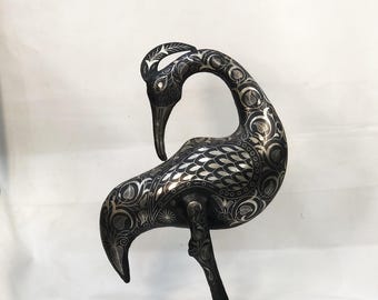 Damascene Bird Sculpture – Handmade Silver Inlay Metal Art