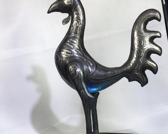 Damascene Rooster Sculpture – Silver Inlay Metal Rooster