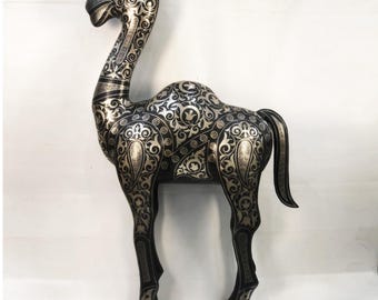 large Damascene Camel Sculpture – Handmade Silver Inlay Metal Art