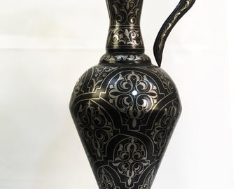 Handmade Moroccan Damascene Pitcher Vase – Silver Inlay H