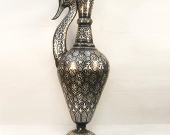 Handmade Swan Pitcher, Engraved Metal Vase, Decorative Bird