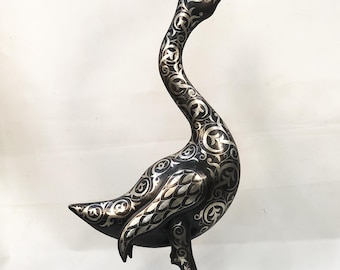 Handmade Damascene Goose Sculpture – Silver Inlay Metal Art