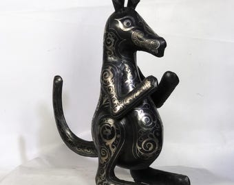 Damascene Kangaroo Sculpture – Silver Inlay Metal Kangaroo