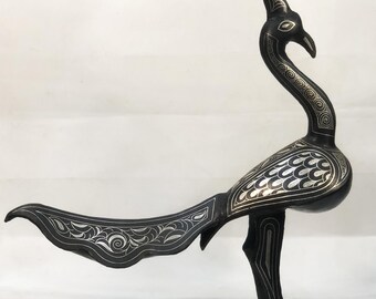 Damascene Peacock Sculpture – Silver Inlay Metal Art