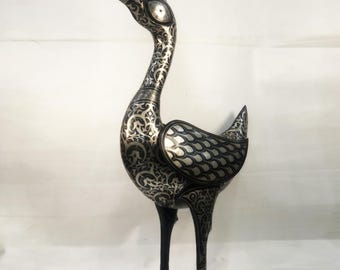Damascene Crane Sculpture – Handmade Silver Inlay Metal Art