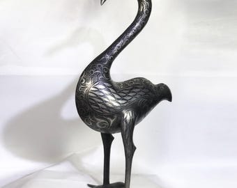 Damascene Flamingo Sculpture – Silver Inlay Metal Flamingo