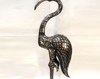 Handmade Damascene Heron Sculpture – Silver Inlay Metal Bird