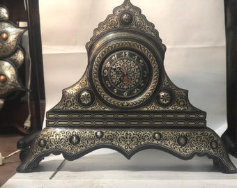 Wooden Rare Handmade Damascene Mantel Clock – Silver Inlay