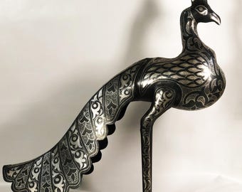 Metal Peacock Sculpture – Handmade Silver Damascene Bird