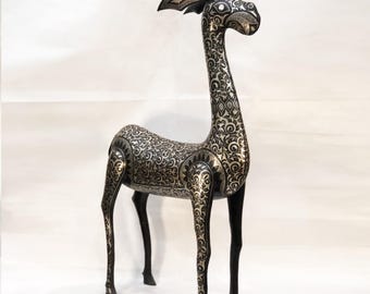 large Handmade Damascene Gazelle Sculpture – Silver Inlay Metal