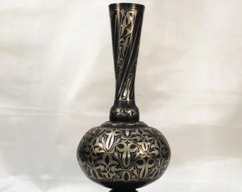 Handmade Moroccan Damascene Vase – Silver Inlay Metal Ewer,