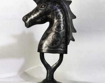 Horse Head Sculpture – Silver Inlay Metal Horse Bust, Rare