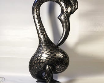 Damascene Ibis Sculpture – Silver Inlay Metal Ibis Statue,