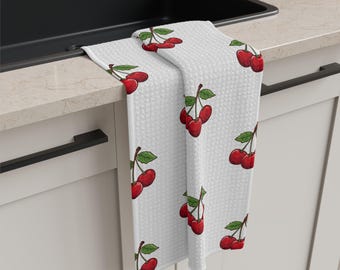 Cherry Pattern Microfiber Tea Towel | Red Fruit Kitchen Print