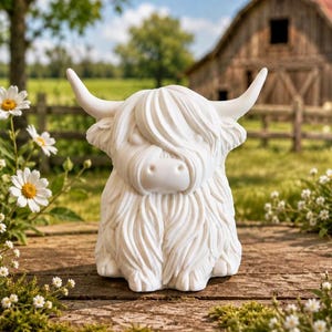 May include: A white figurine of a Highland cow with long, shaggy fur, prominent horns, and a fringe covering its eyes. The sculpture is crafted with a smooth, matte finish, capturing the distinct, voluminous coat and facial features of the animal.