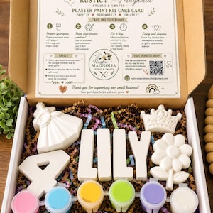 May include: A plaster paint kit in a cardboard box containing white plaster shapes including a dress, the number 4, the name LILY, a crown, and a flower. Six small paint pots in pink, blue, yellow, green, purple, and white are included with instructions.