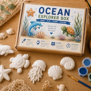 May include: An Ocean Explorer Box kit featuring a cardboard box with ocean-themed illustrations, text, and icons. Included are white ceramic-style figures of a dolphin, turtle, starfish, jellyfish, and shell, plus paint pots and a paintbrush.
