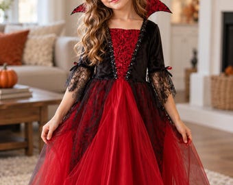 Costume da vampira per bambine, abito gotico rosso e nero per Halloween, travestimento da diavolo e pipistrello, abito per feste di Halloween per bambine.