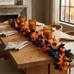 Puede incluir: Una guirnalda decorativa con hojas de arce artificiales negras y naranjas intercaladas con pequeñas calabazas naranjas, dispuesta sobre una mesa de madera junto a tres portavelas de cristal ámbar estriado y servilletas de lino plegadas.