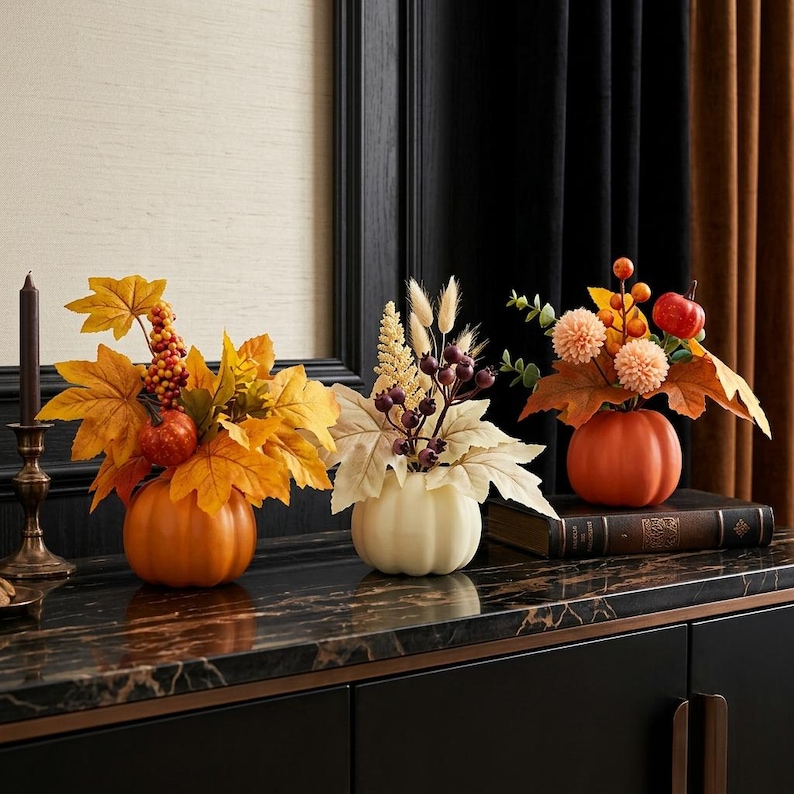 Fall Pumpkin Floral Arrangement, Orange or Ivory Centerpiece With Faux ...